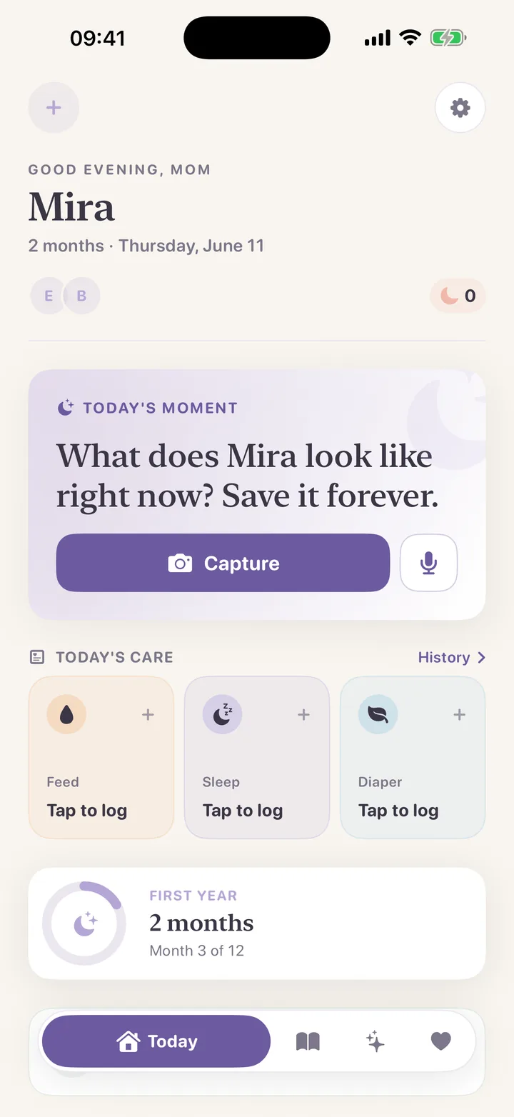 Lunita app home screen: today&rsquo;s moment with a capture button and care cards for feeding, sleep and diaper