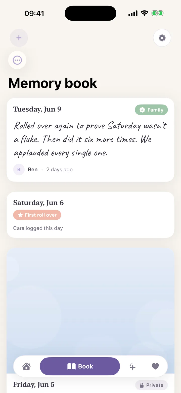 Memory book in the Lunita app: diary entries in warm handwriting, shared with family, next to the first-roll milestone