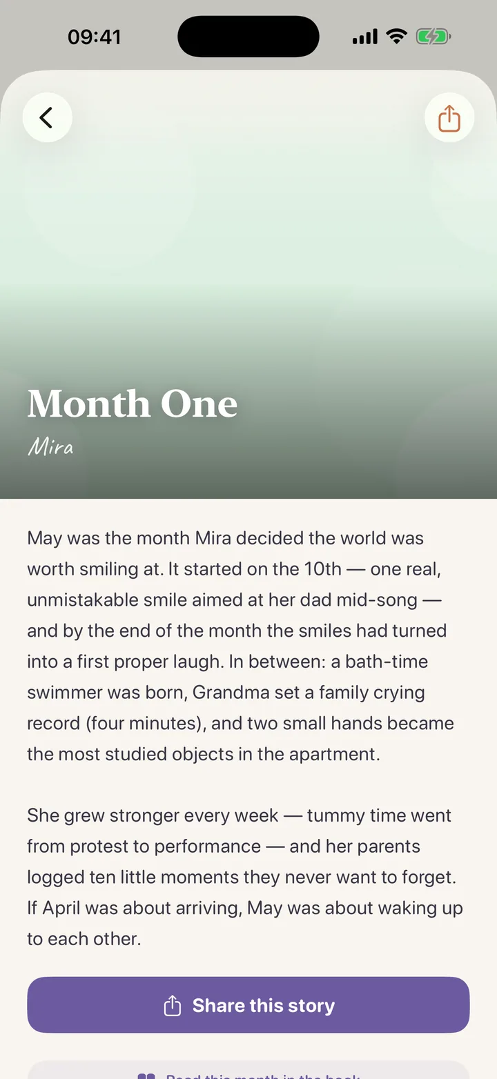 Monthly story in the Lunita app: a month of entries woven into a warmly told memory titled Month One